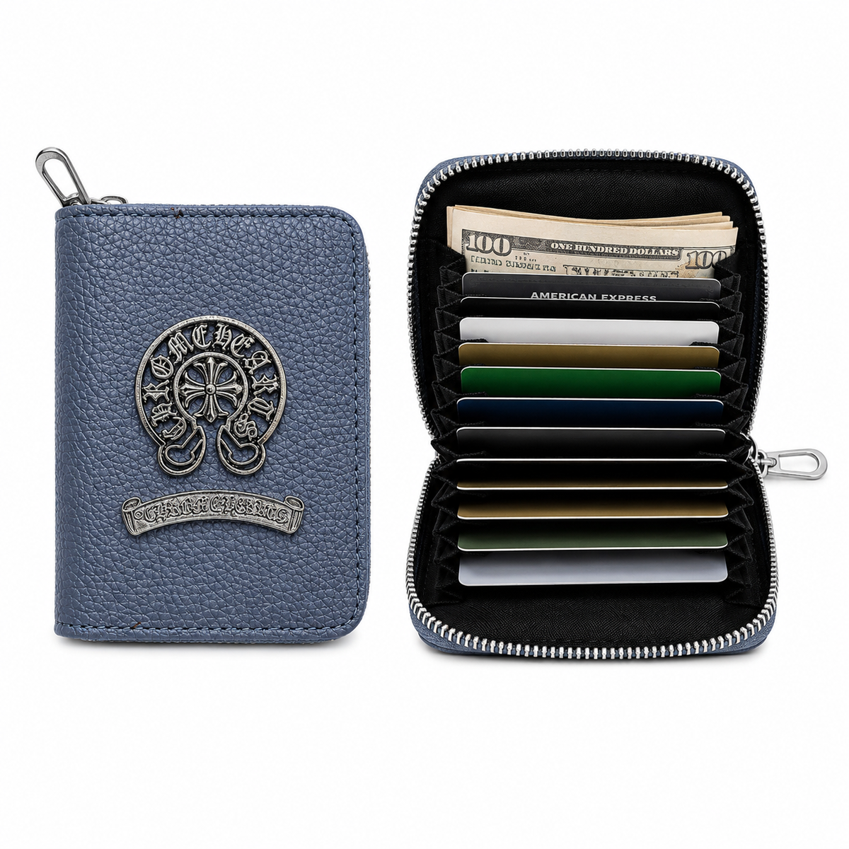 Ice blue accordion card wallet with chrome-tone hardware