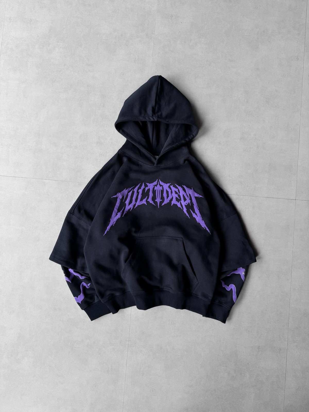 Navy skull head puff-print oversized hoodie — front