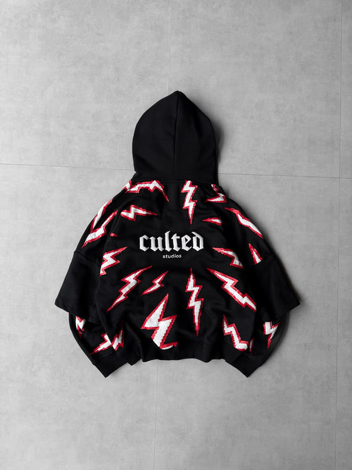 Black lightning puff-print oversized hoodie — front