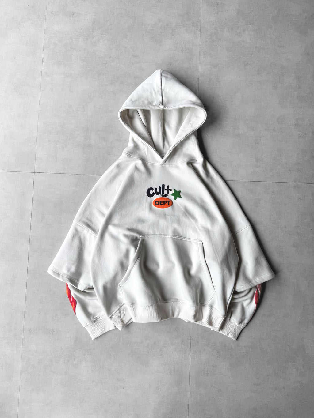 White fire cult puff-print oversized hoodie — front