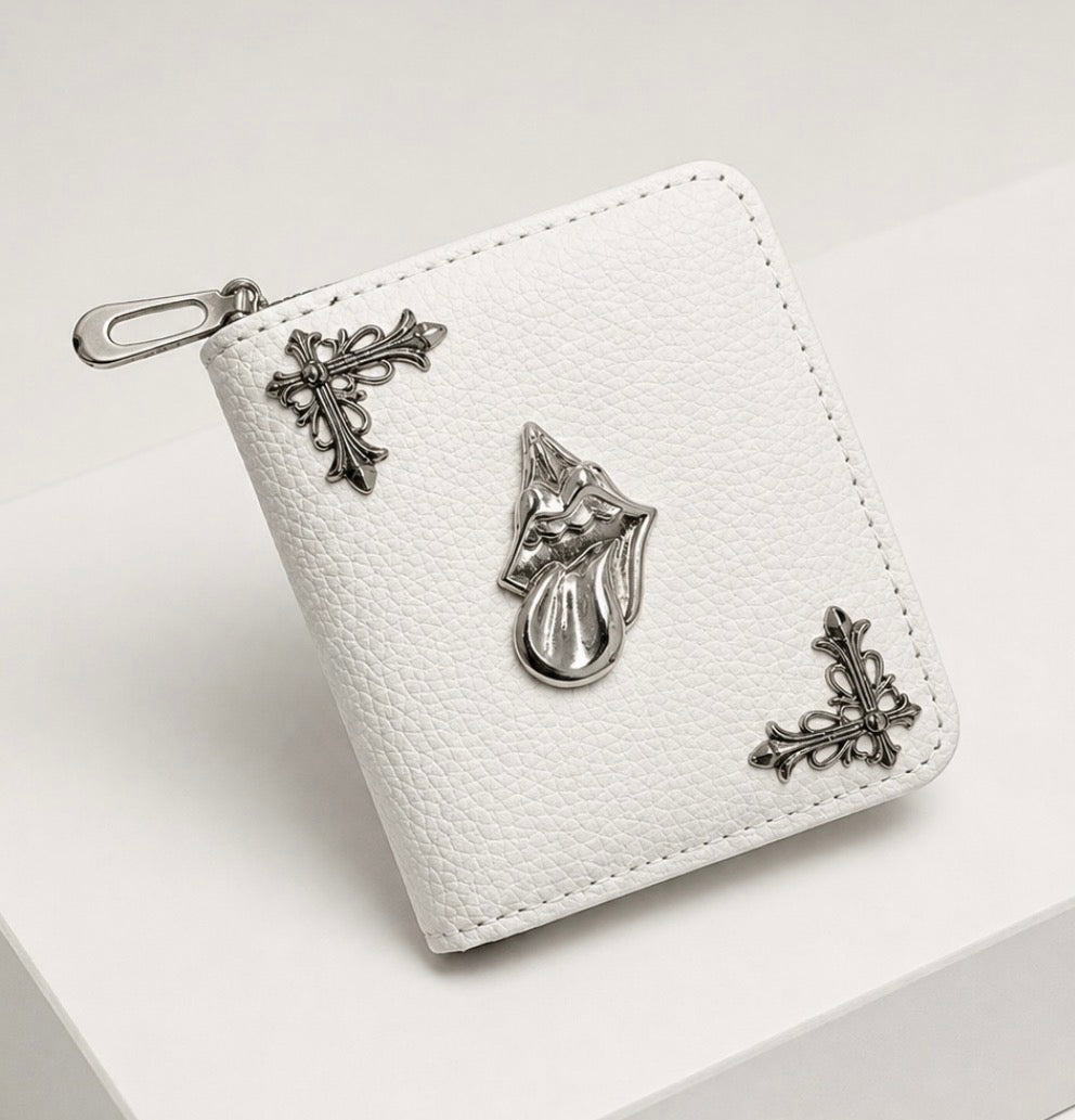 White card wallet with cast tongue emblem and filigree cross detailing