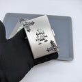 Brushed silver metal card holder with triple cast cross detailing