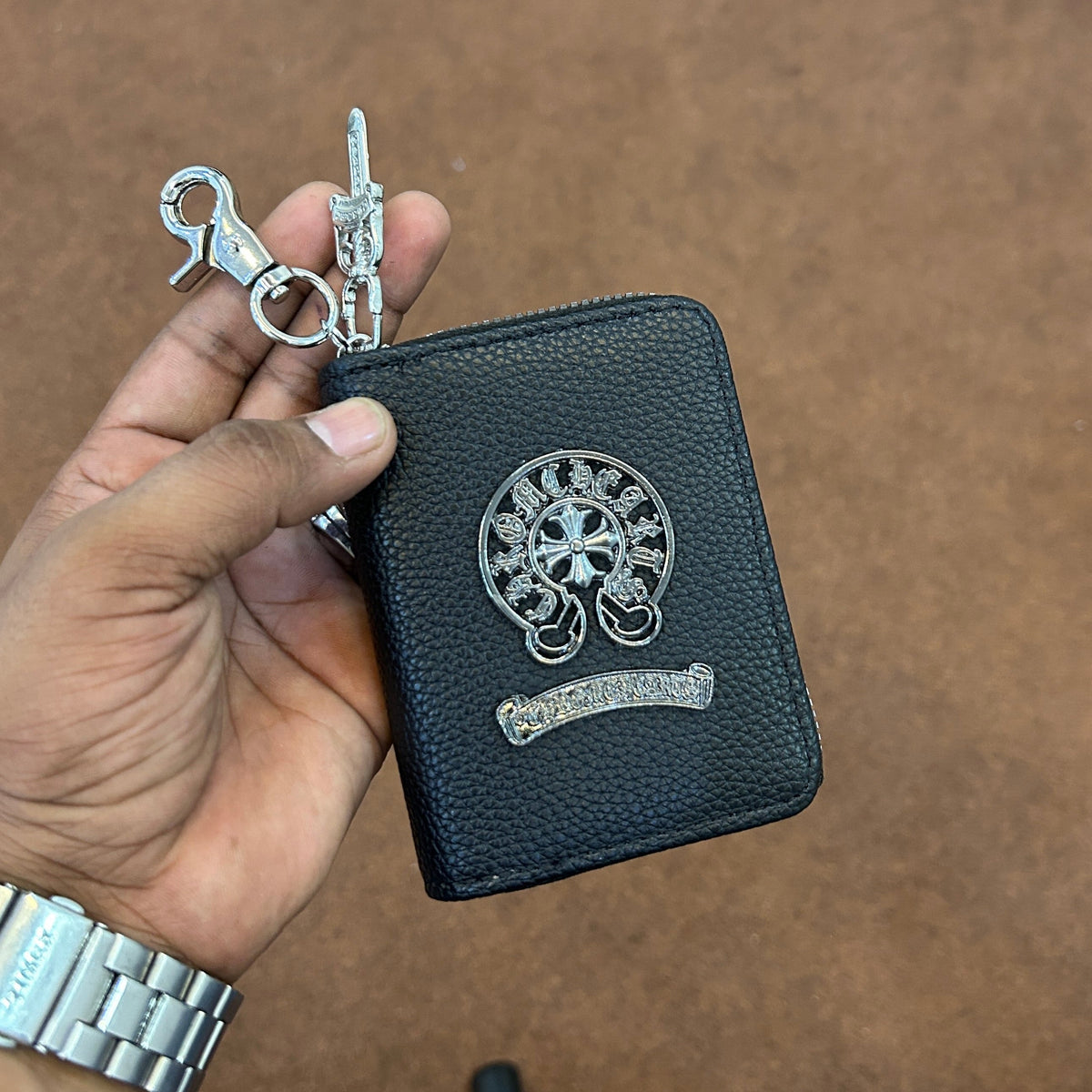 Chrome card wallet with dagger drop chain and lobster clasp