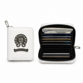 White zipper card wallet with mirror-chrome seam trim