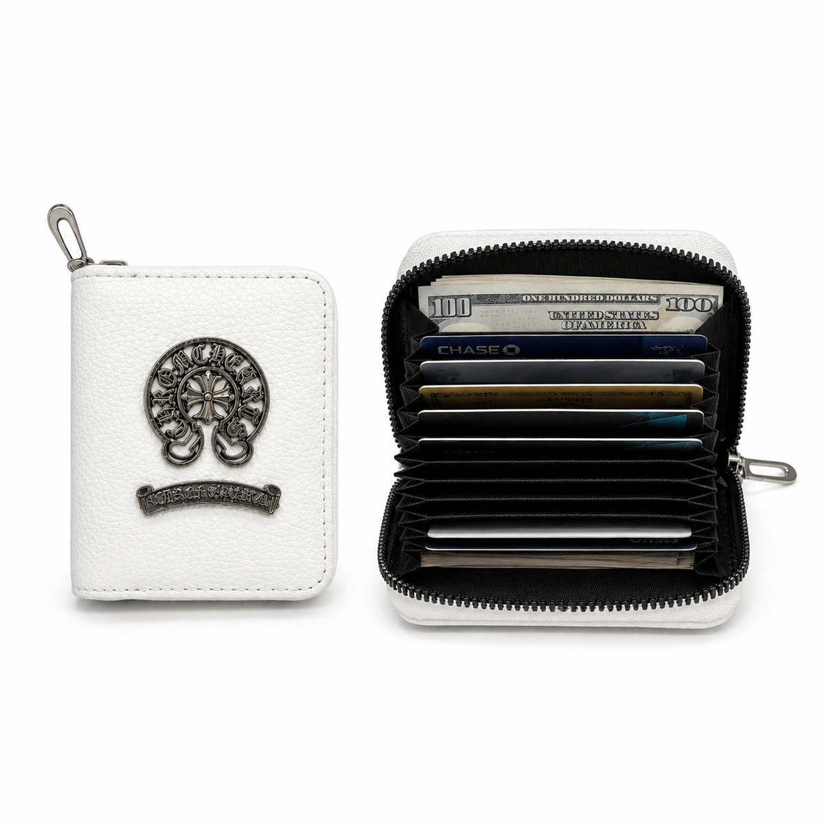 White zipper card wallet with mirror-chrome seam trim