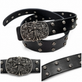 Black studded belt with engraved gothic cross buckle