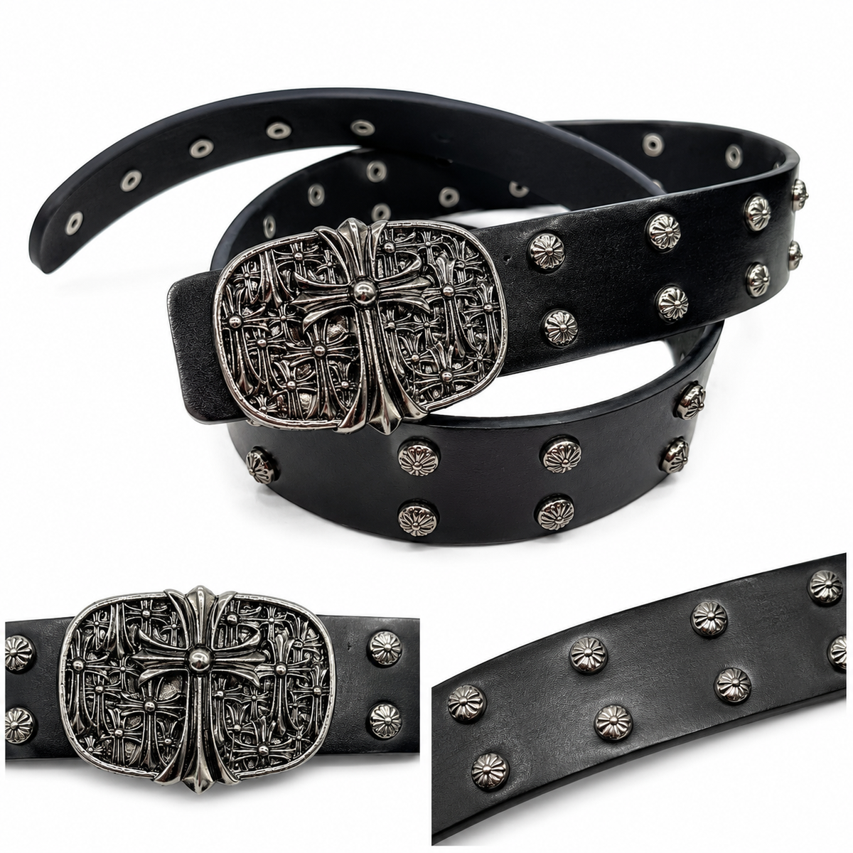 Black studded belt with engraved gothic cross buckle