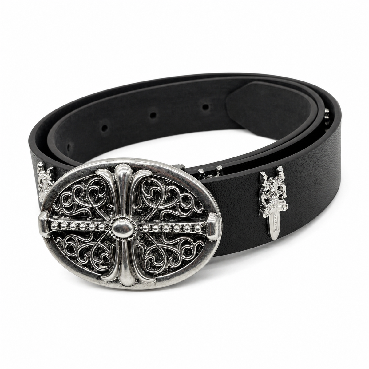 Black leather belt with silver ornate fleur cross buckle