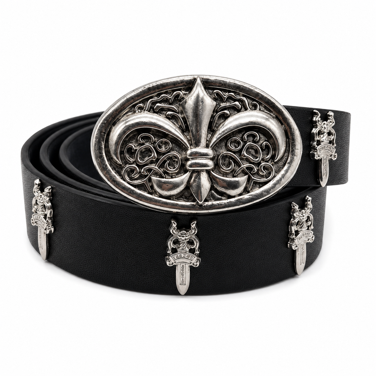 Black leather belt with oversized silver fleur crest buckle