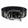 Black leather belt with oversized silver gothic monogram buckle