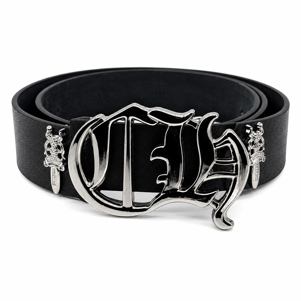 Black leather belt with oversized silver gothic monogram buckle