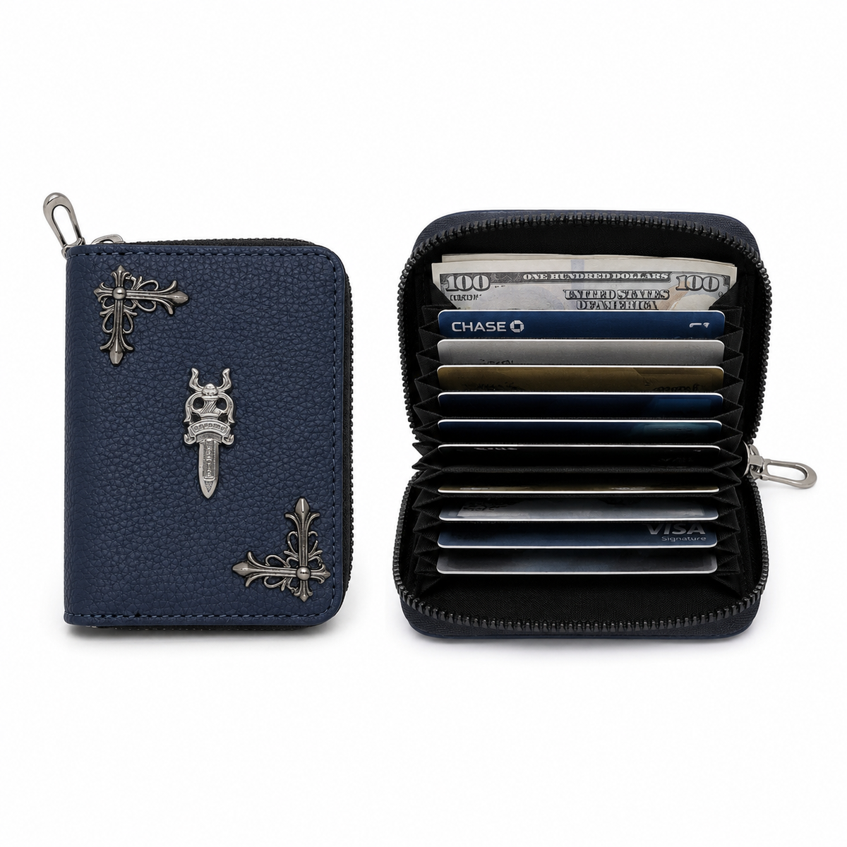 Navy blue zip-around multi-card wallet with chrome-tone hardware