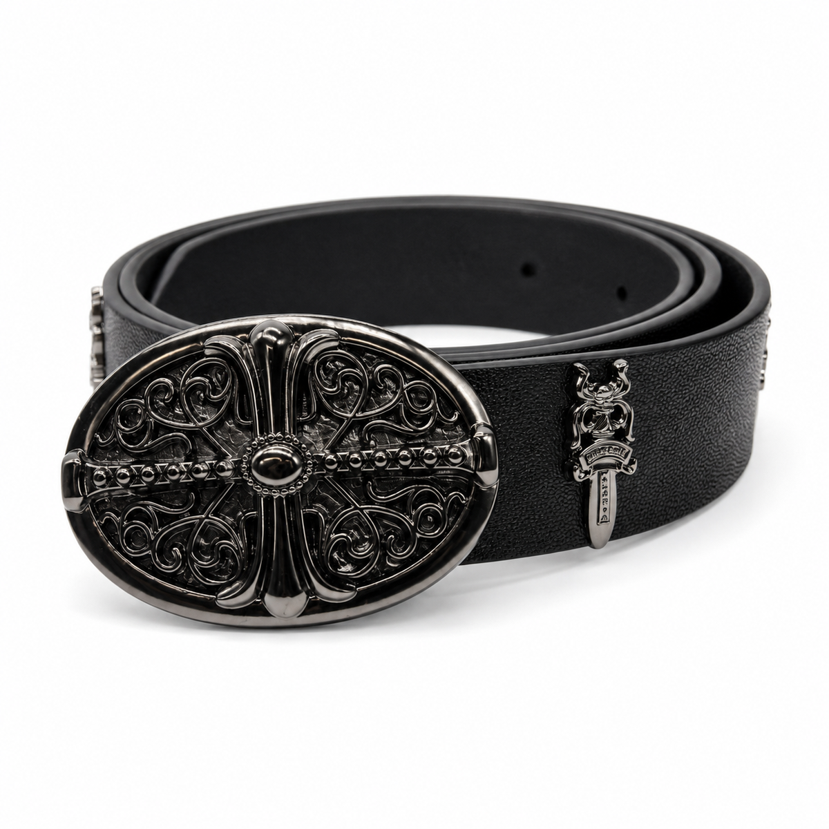 Black leather belt with dark chrome ornate fleur buckle