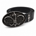 Black leather belt with dark chrome ornate buckle