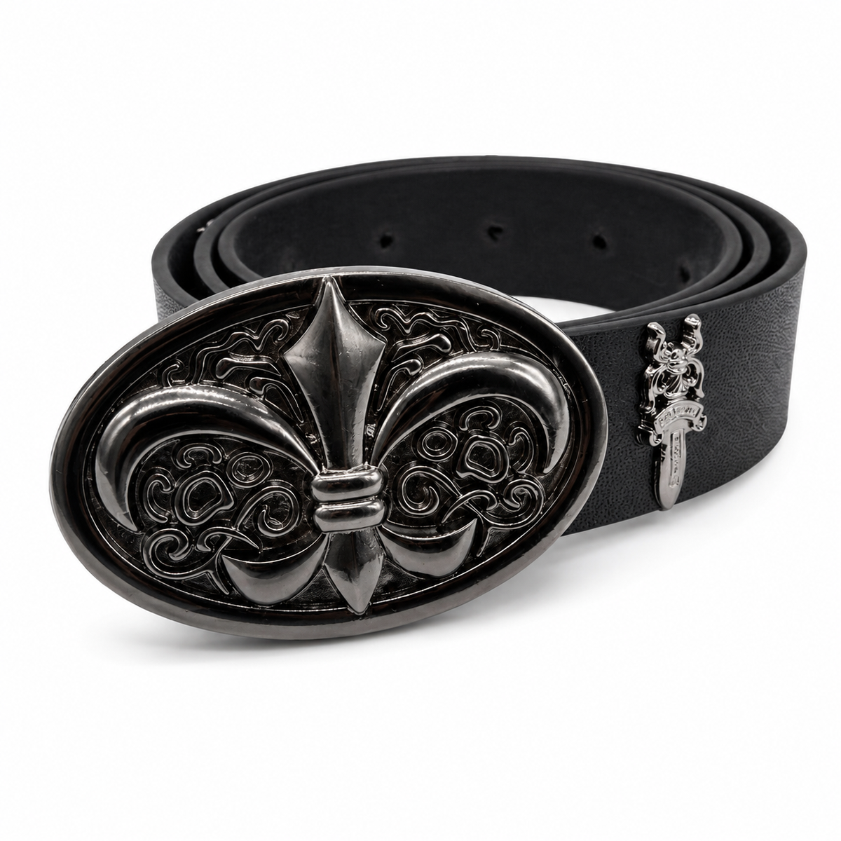 Black leather belt with dark chrome ornate buckle