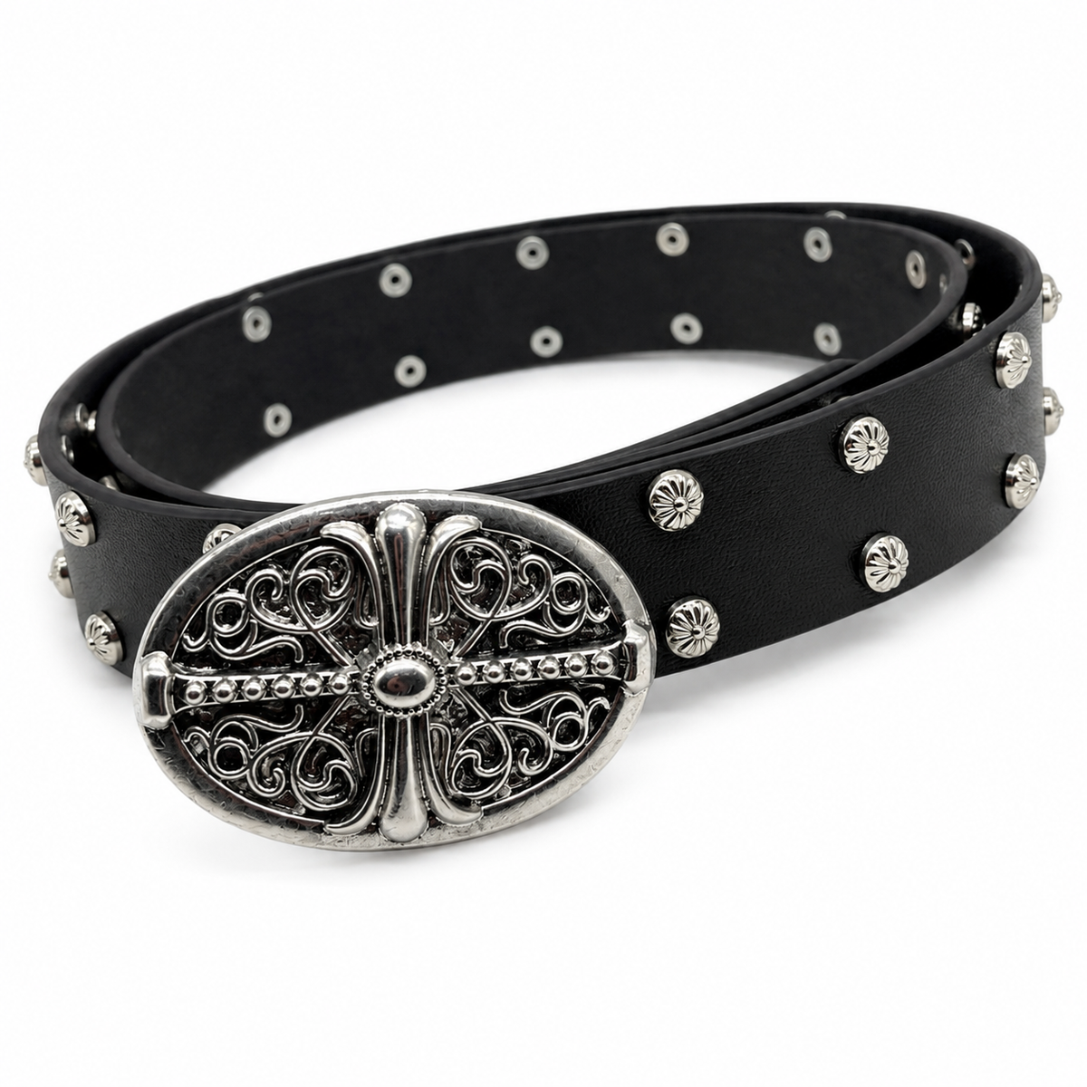 Black studded belt with vintage ornate silver oval cross buckle
