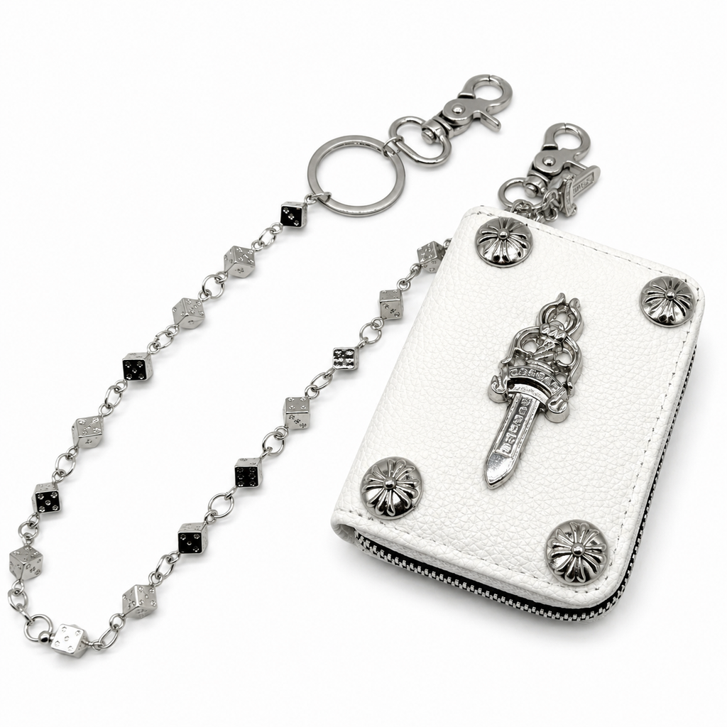 Chrome-tone dagger wallet on a heavy-link jeans chain