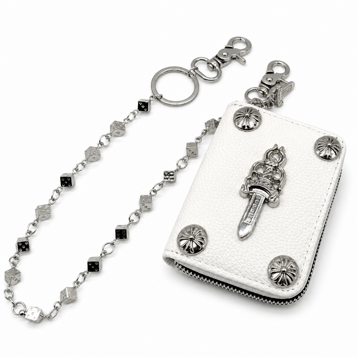 Chrome-tone dagger wallet on a heavy-link jeans chain