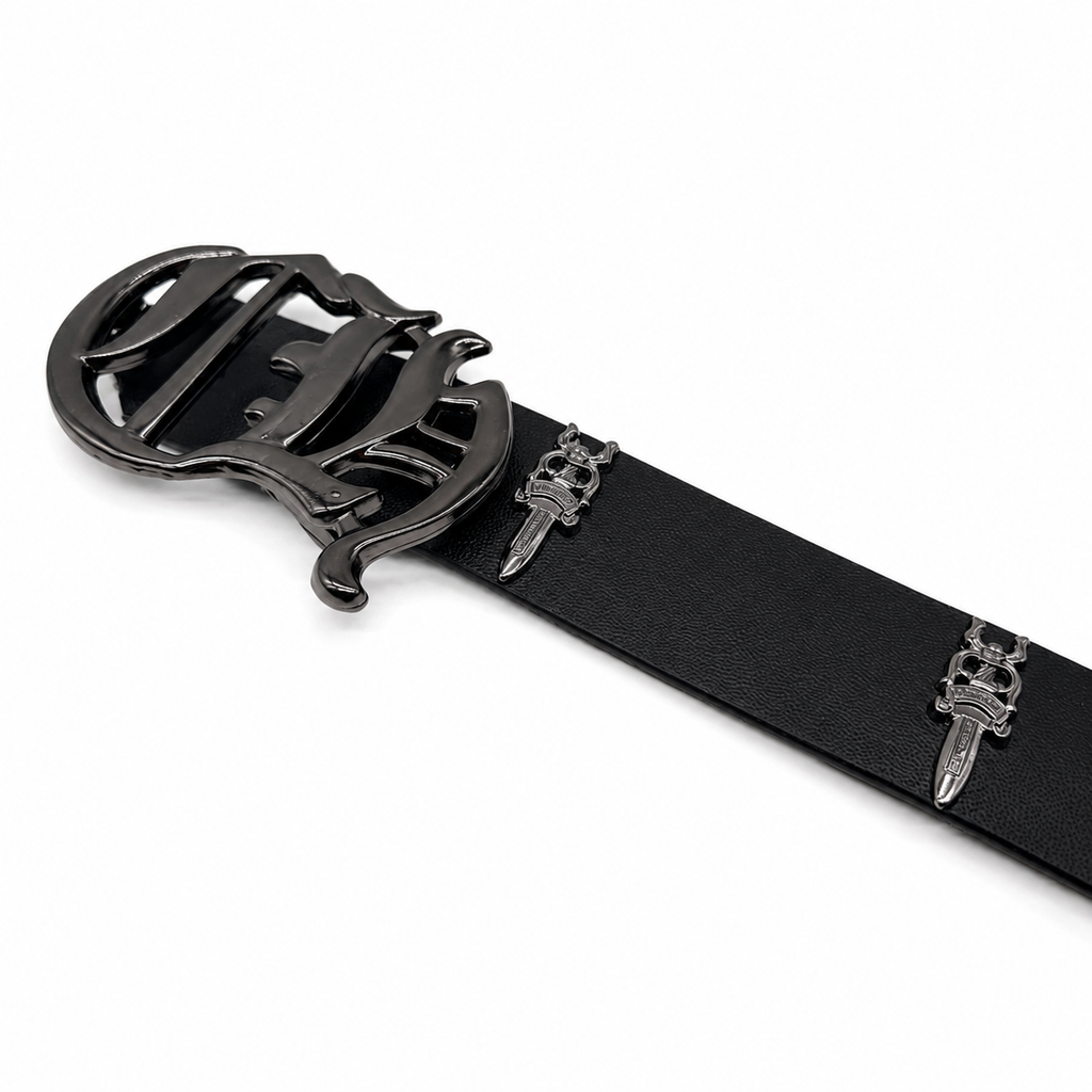 Fleur shield buckle detail view