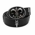 Black leather belt with oversized chrome gothic buckle