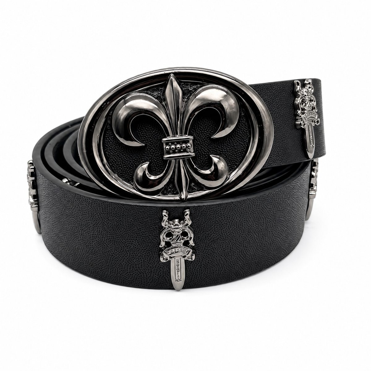 Black leather belt with oversized chrome gothic buckle