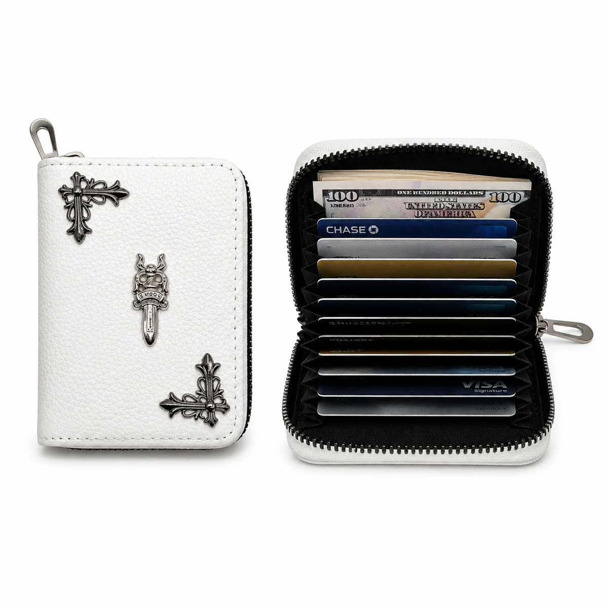 Bone white accordion card wallet with cast gothic cross detail