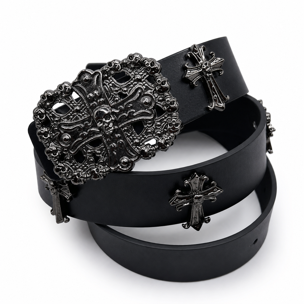 Black leather belt with gothic skull cross buckle