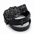 Black leather belt with gothic skull cross buckle