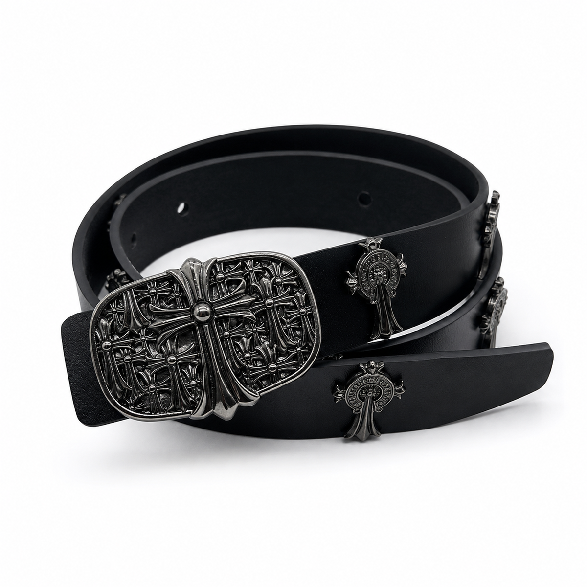Leather belt with blackened cast cross buckle