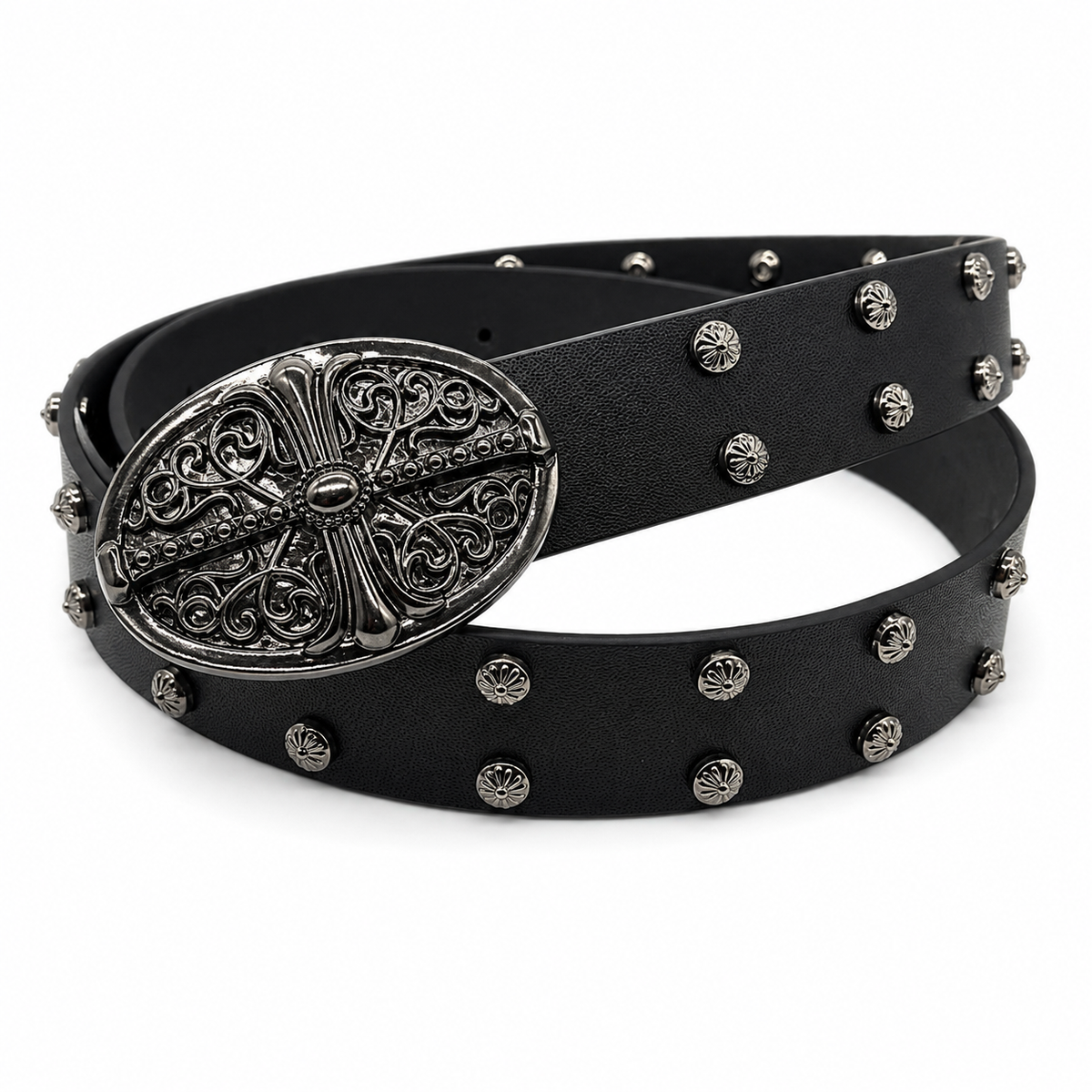 Black leather studded belt with gothic floral buckle