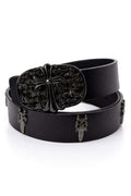 Black leather strap belt with gothic hardware buckle