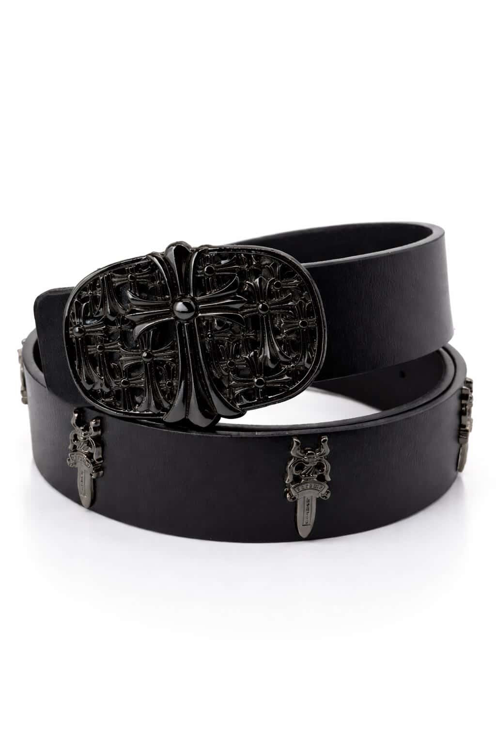 Black leather strap belt with gothic hardware buckle