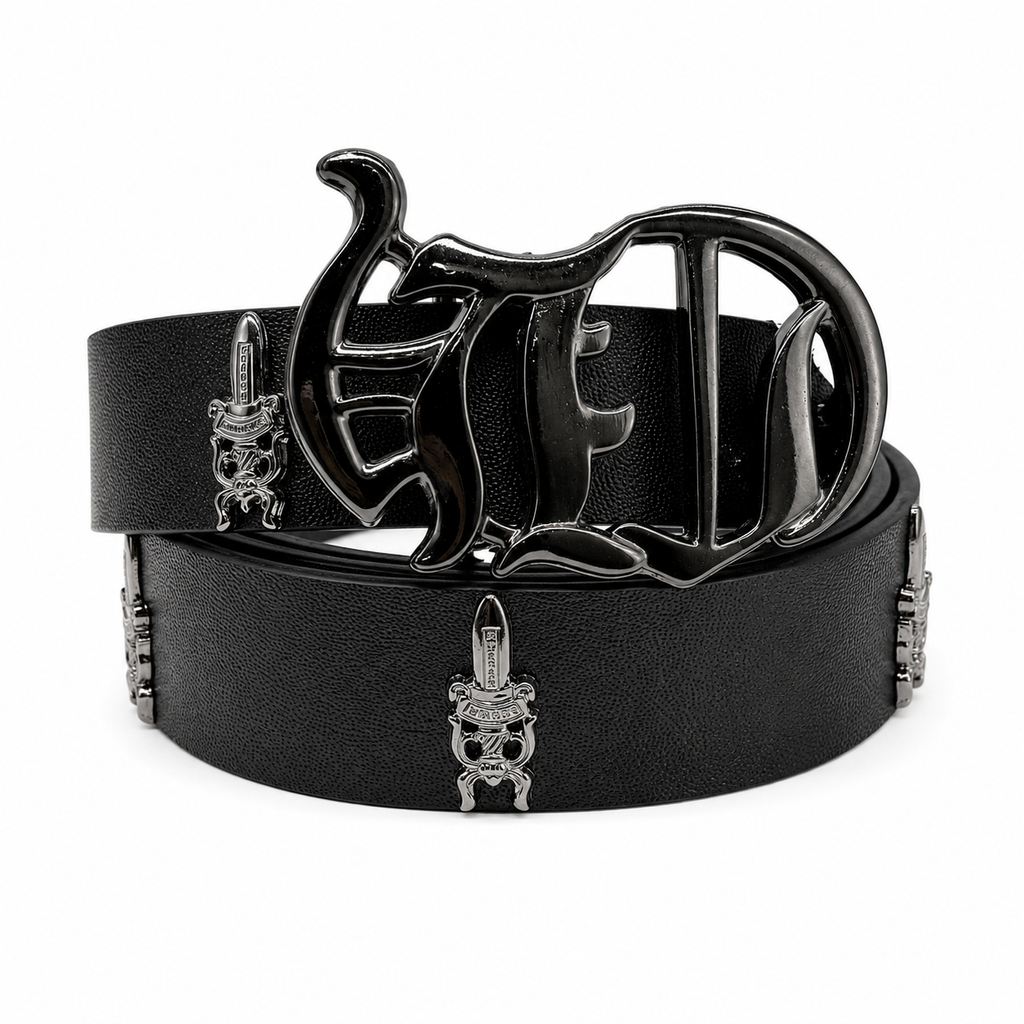 Black leather belt with fleur shield buckle