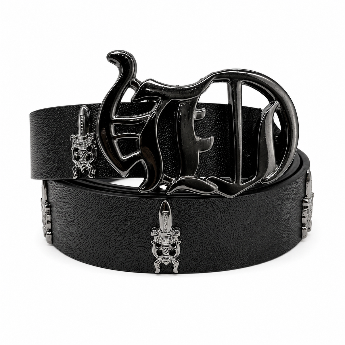 Black leather belt with fleur shield buckle