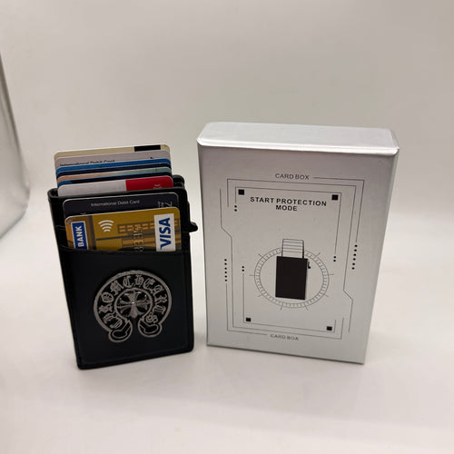 Slim chrome pop-up card wallet with leather cover