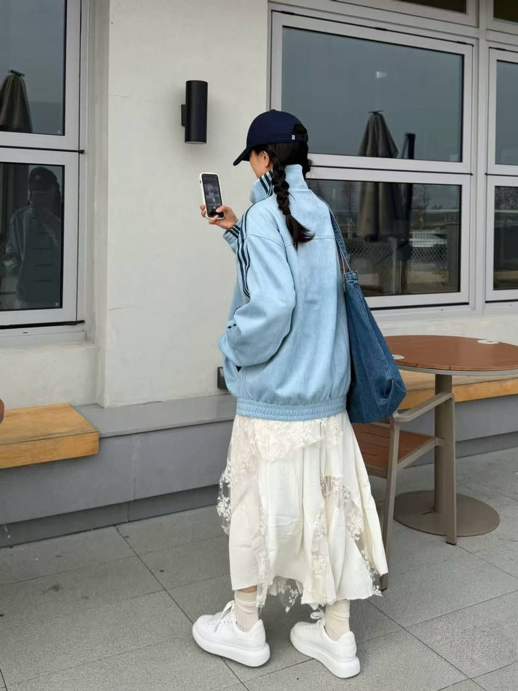 Striped velvet bomber jacket in sky blue - back