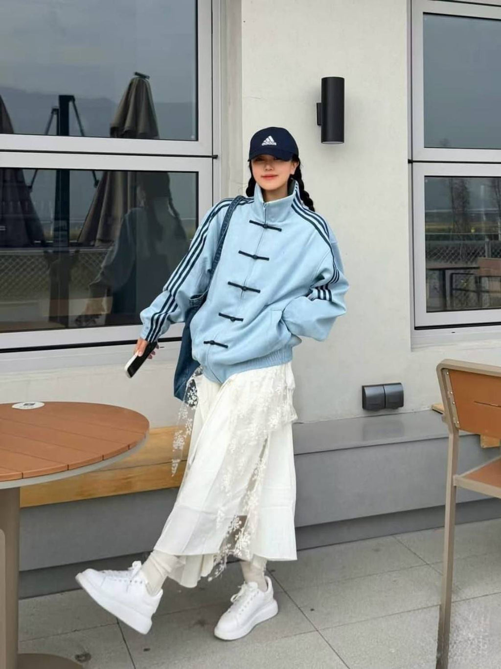 Striped velvet bomber jacket in sky blue - detail