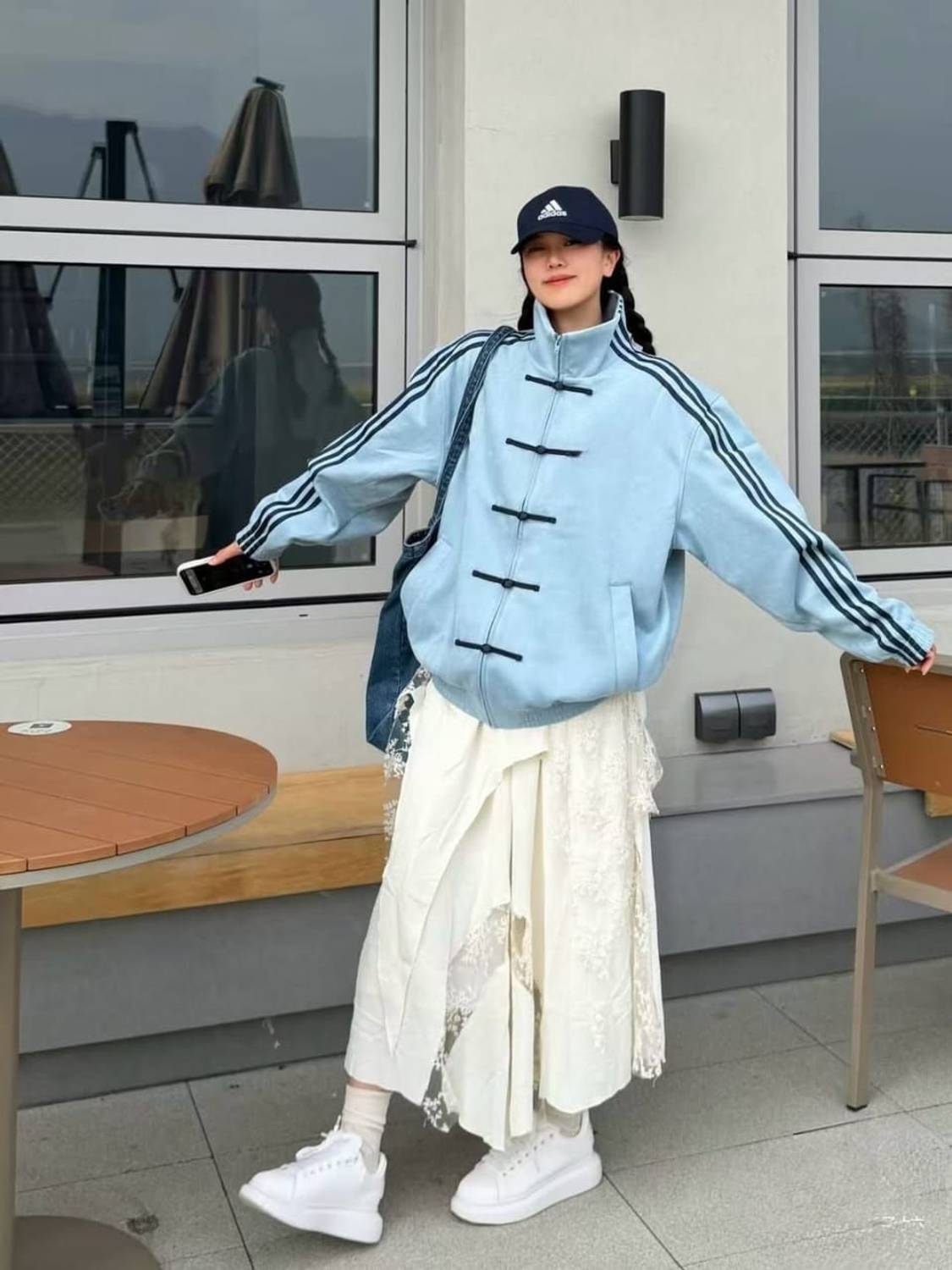 Striped velvet bomber jacket in sky blue - front