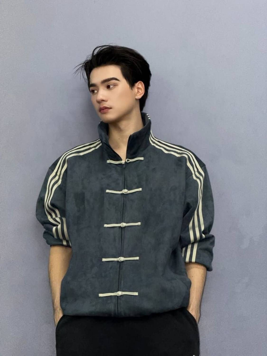Striped velvet bomber jacket in dark blue - front