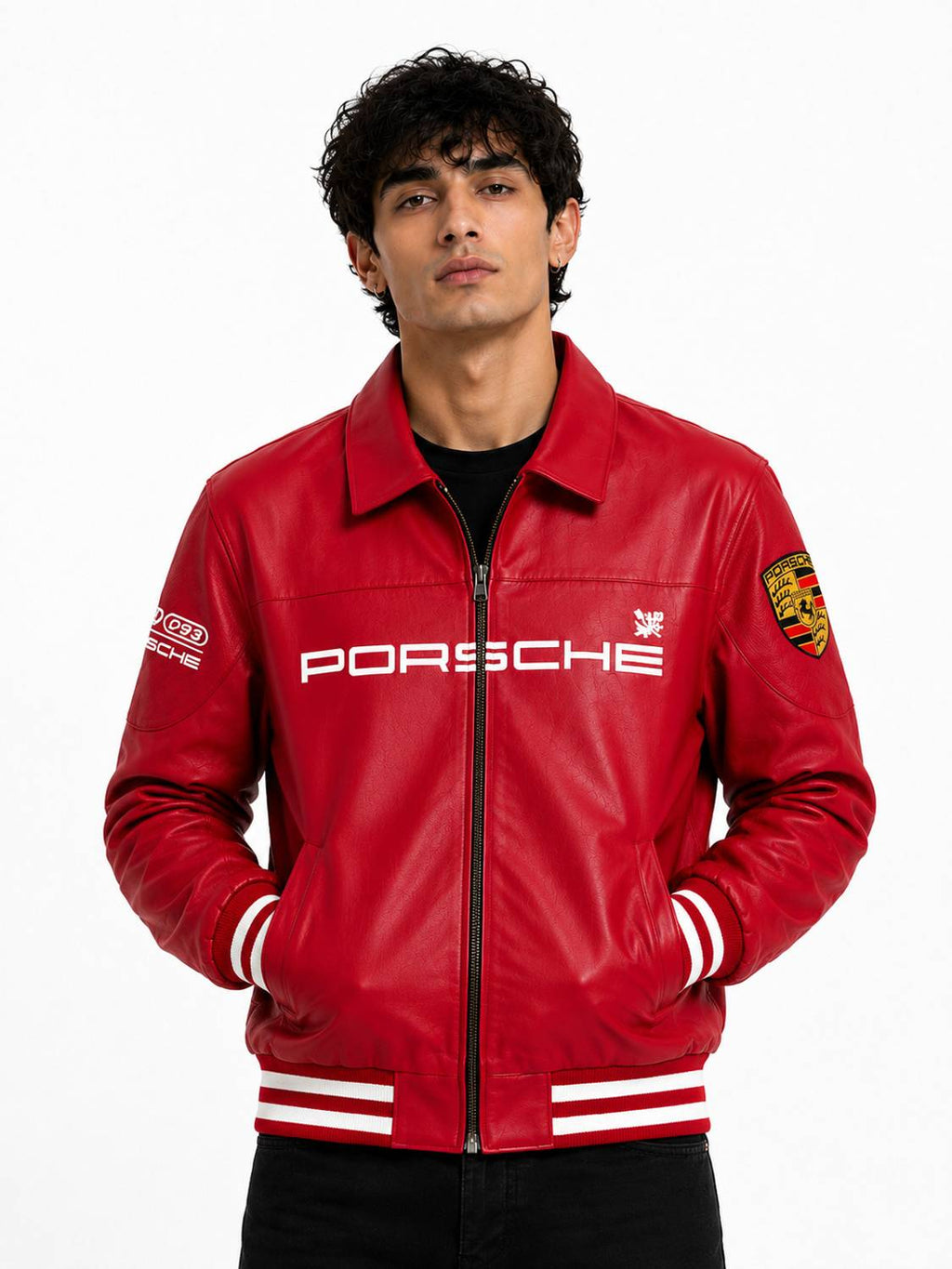 Printed faux leather biker jacket in red - front
