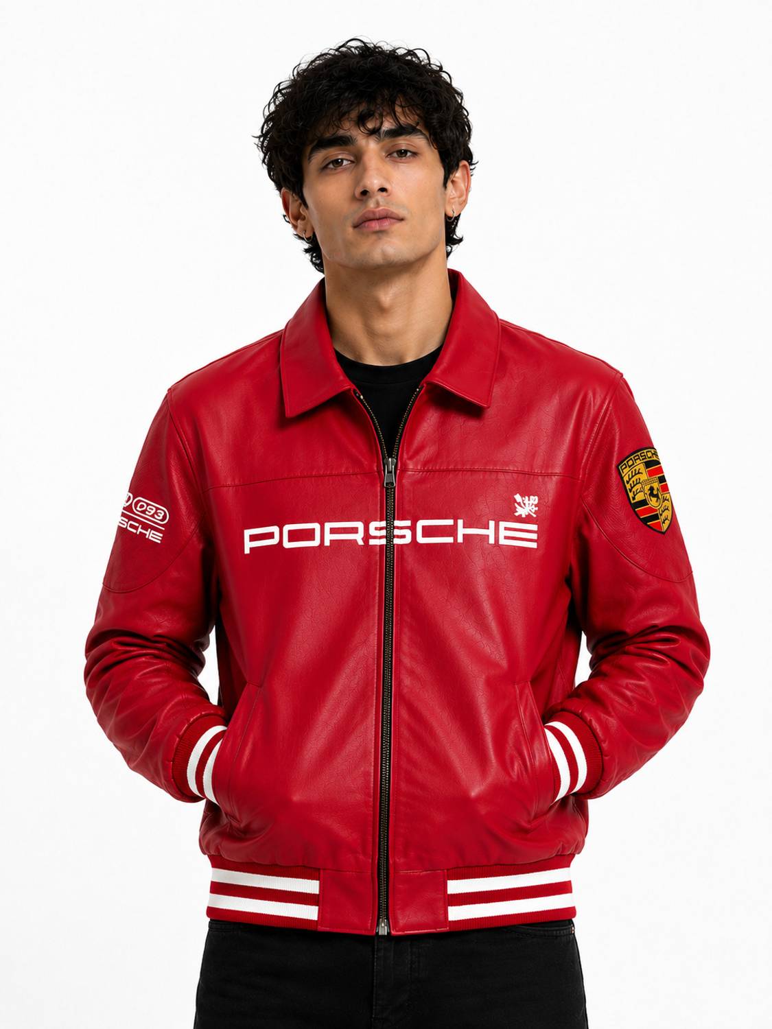 Printed faux leather biker jacket in red - front