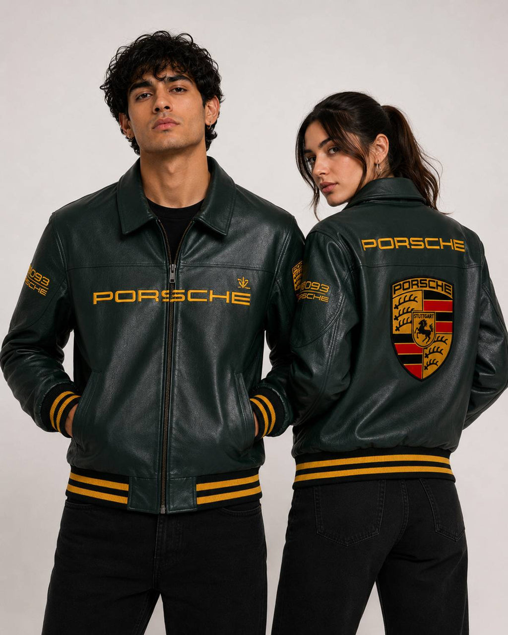 Printed faux leather biker jacket in green - back