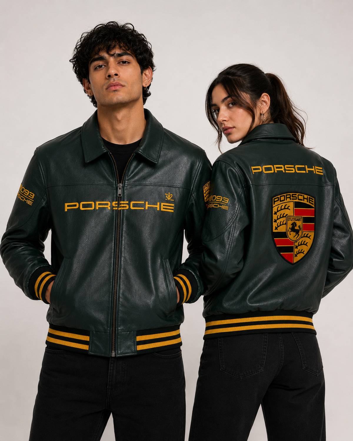 Printed faux leather biker jacket in green - back