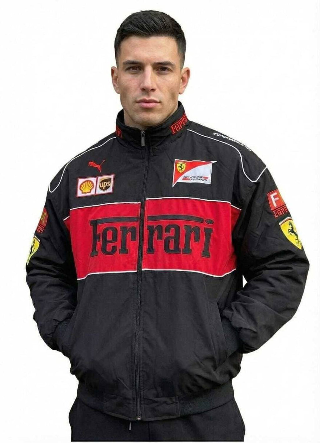 Printed racing biker jacket in black - front
