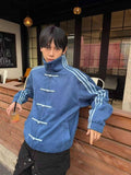 Striped velvet bomber jacket in blue - front