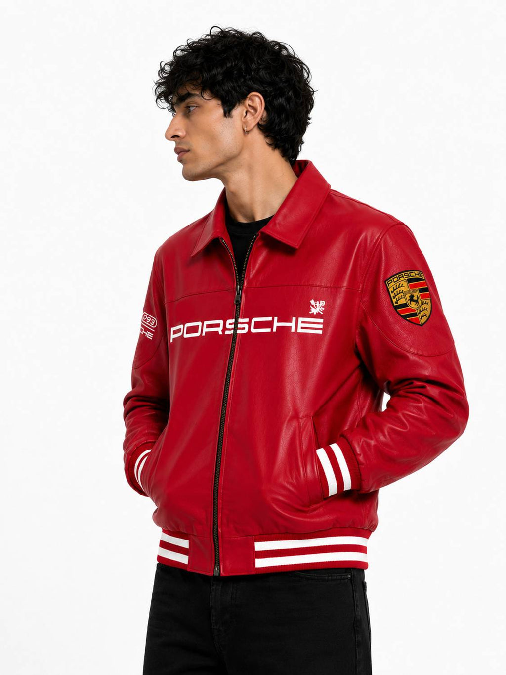 Printed faux leather biker jacket in red - side