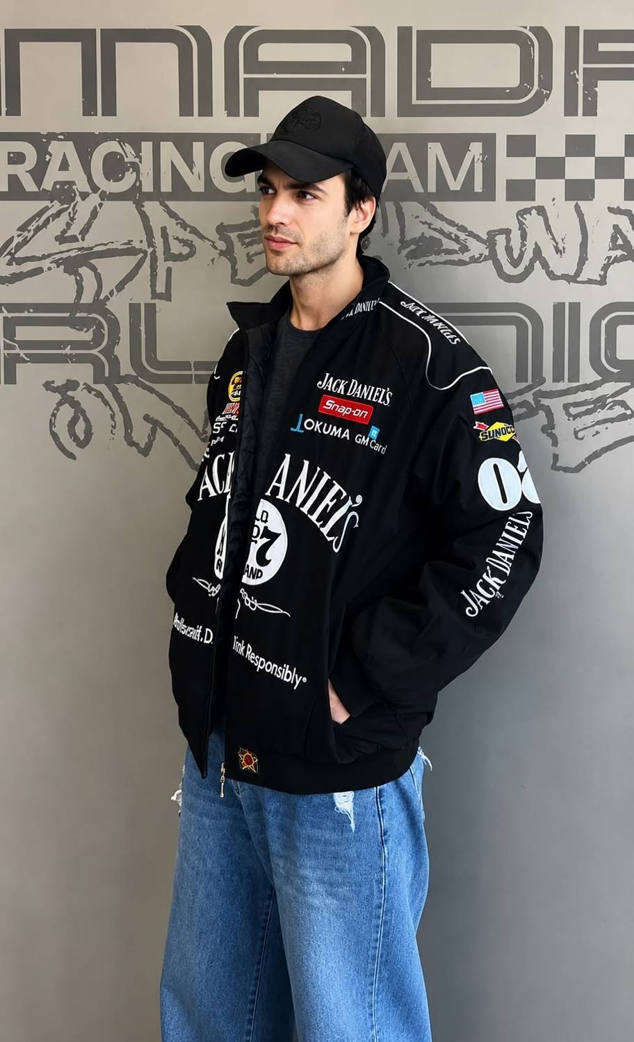 Printed rider sports jacket in black - detail