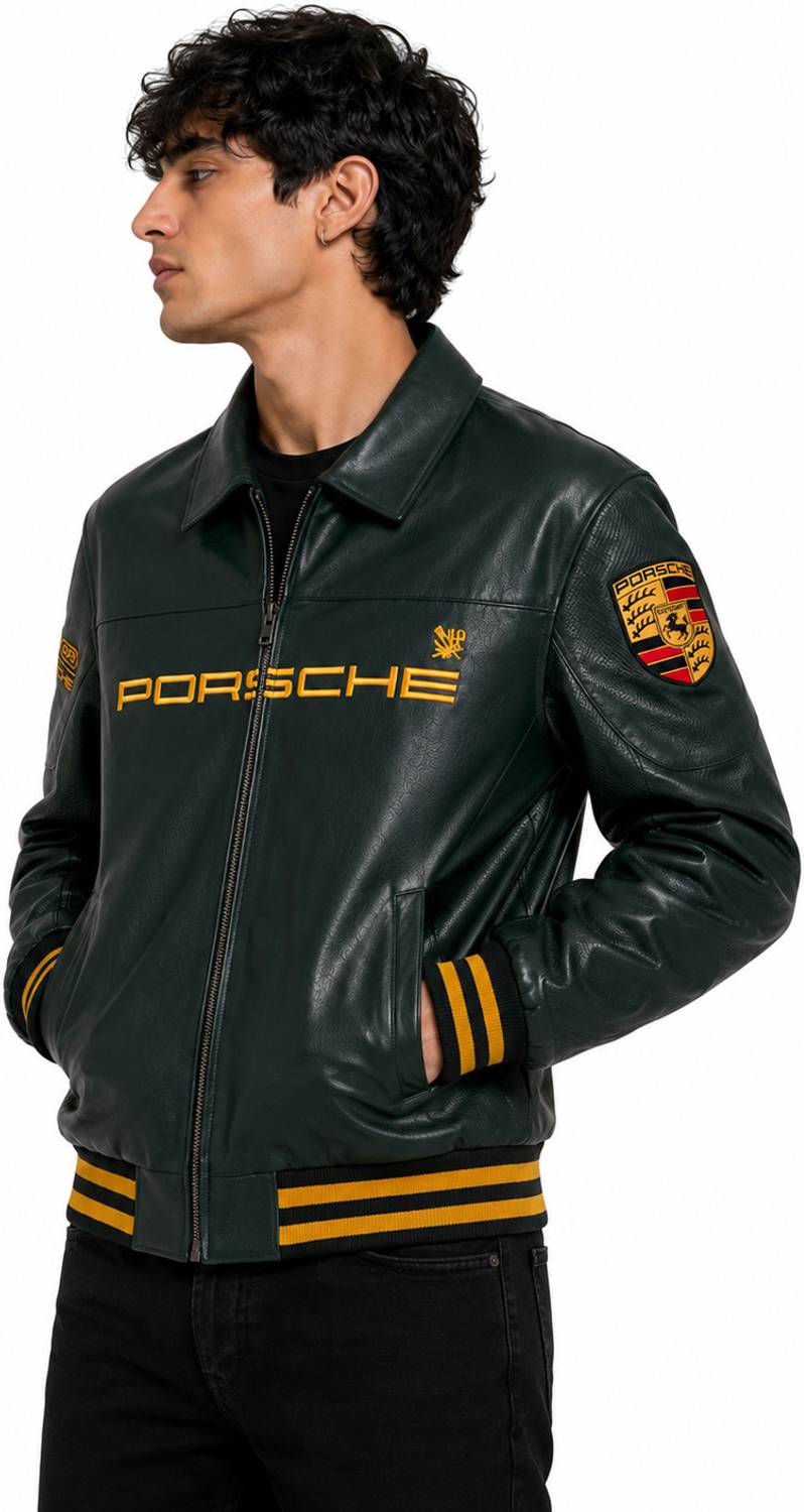 Printed faux leather biker jacket in green - side