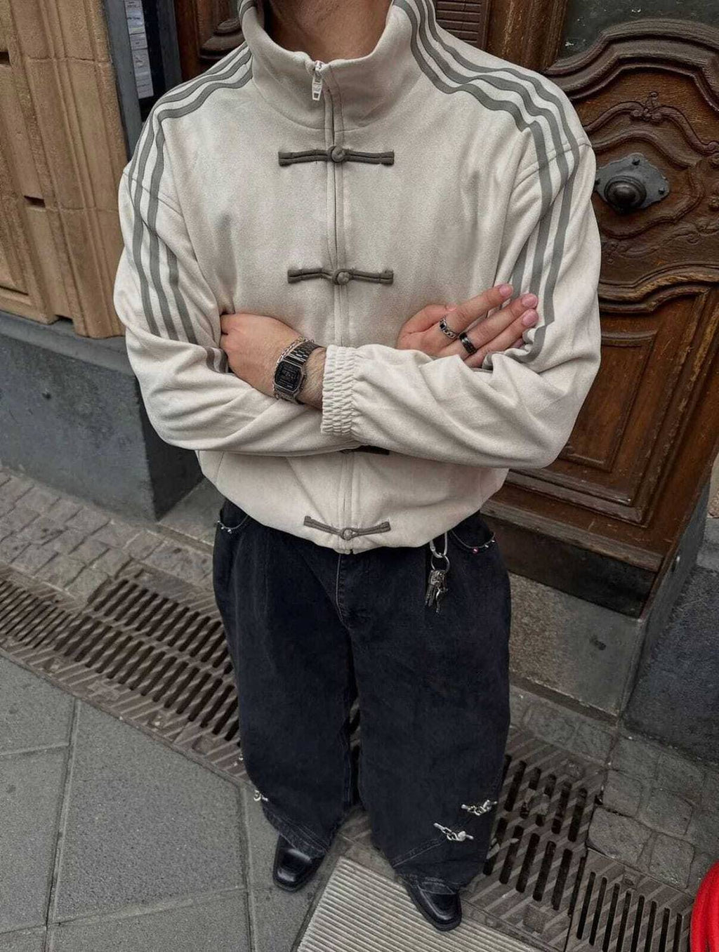 Striped suede casual jacket in white - detail