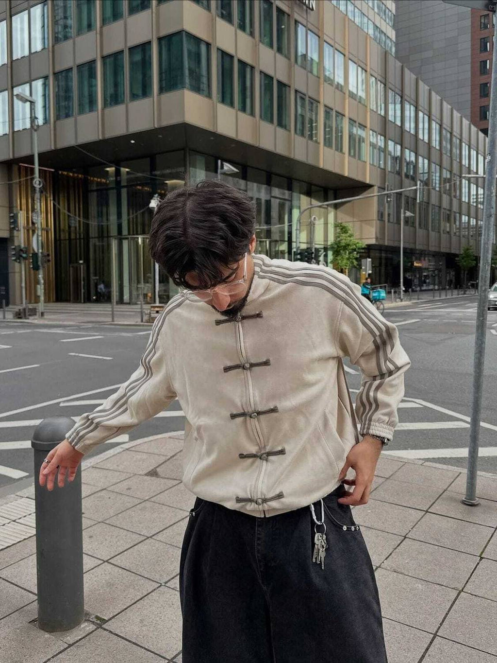 Striped suede casual jacket in white - front